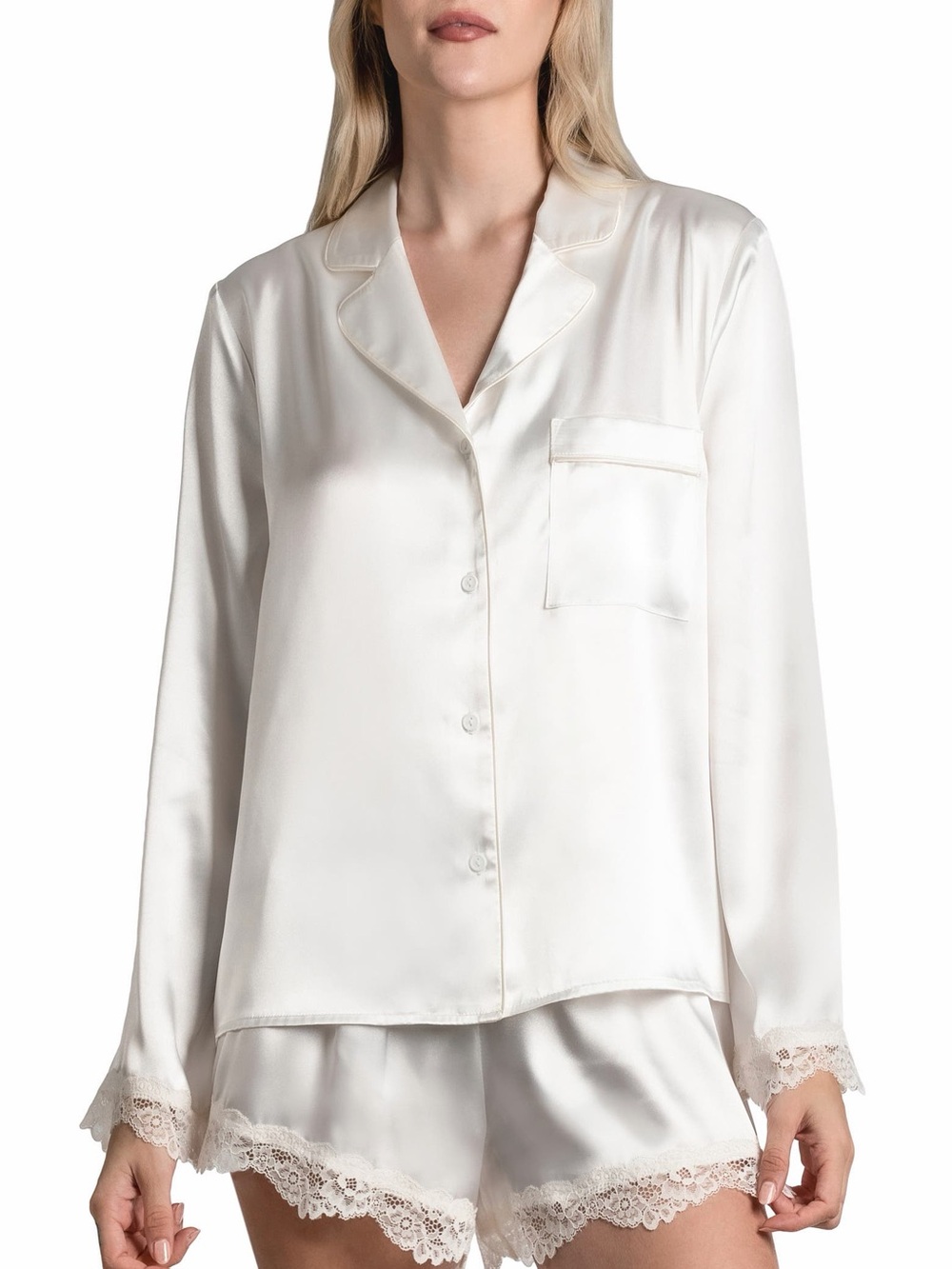 Silky Lace-Trim Satin Pajama Top ONLY